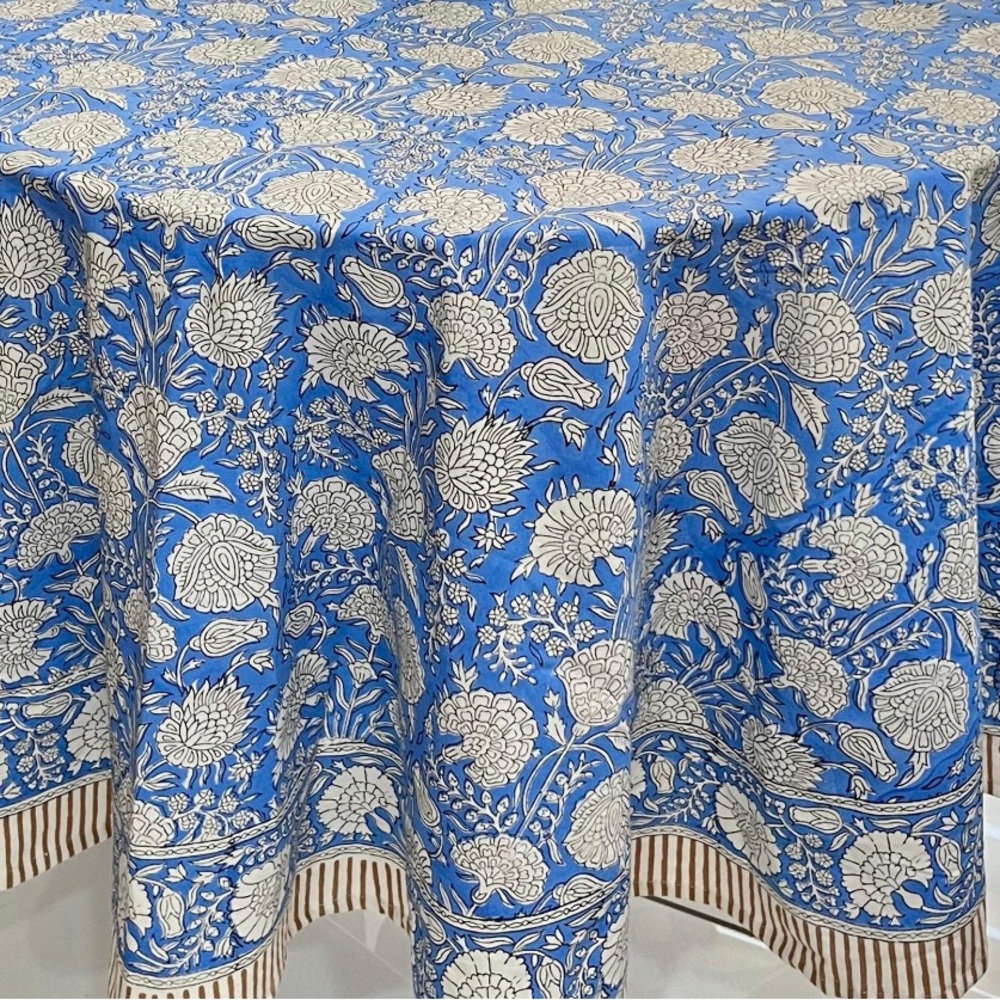 Beautiful Blue & White Round Floral Tablecloth, 108” diameter - new/unused.
